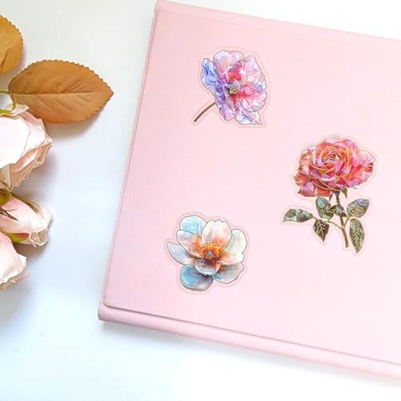 Sparkly Flower Stickers - 30 Pcs Clear PET Glitter Nature Plant Floral Stickers for Scrapbook, Journal, Junk Journal, Collage - Holographic Transparent for Resin, Craft, Scrapbook Supplies - Image 2